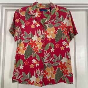 Vintage 90s Karen Scott Sport Red Hawaiian button down shirt.Small.short sleeve